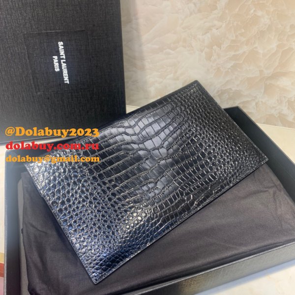 YSL Top Quality Clutch in embossed crocodile shiny black leather