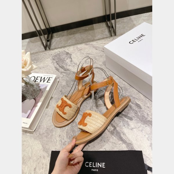 Top Quality Celine LYMPIA FLAT STRAP SANDAL in RAFFIA & CALFSKIN